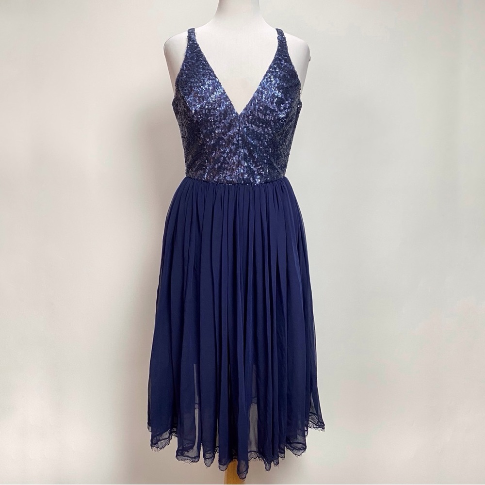 NWT DRESS the POPULATION Navy Blue Sequin Bodice TRACY Fit Flare Size Medium - Picture 3 of 16